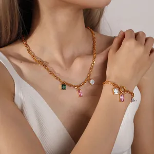 Gold chain necklace and bracelet set featuring colorful multi-shape zircon pendants