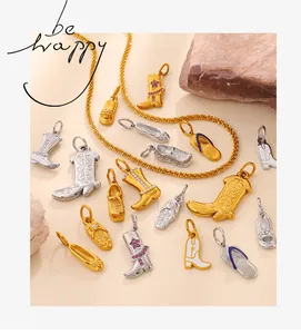 Macro detail of rhinestone-encrusted boot pendants and creative shoe jewelry charms