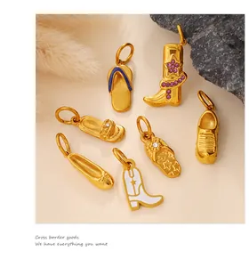 Detailed close-up of seven gold-plated shoe-shaped jewelry pendants with sparkling rhinestones