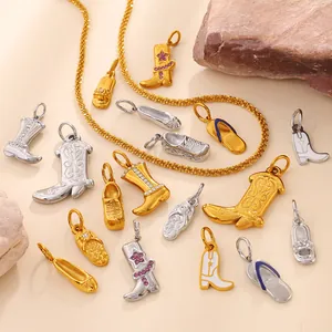 Stainless Steel Western Cowboy Boot Shoe Shape Pendants With Rhinestone Enamel DIY Jewelry Charms For Necklace Making Women Jewelry