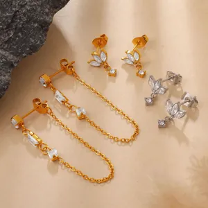 Three pairs of elegant heart and leaf style earrings with gold chain and crystals