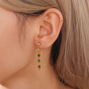Elegant gold-plated chain earrings with emerald green and white zircon gemstones