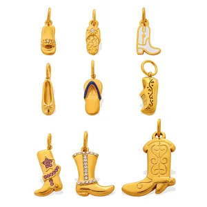 Set of 9 gold-tone boot and shoe pendants with crystals and enamel for DIY necklaces