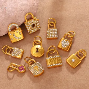 Gold lock charms with hearts and stars in sparkling rhinestones for DIY jewelry