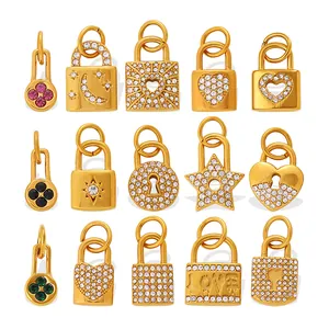 Golden padlock and heart charms set with sparkling rhinestones and engraved LOVE motifs