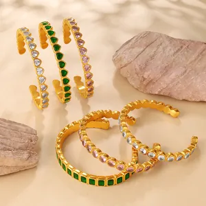 C-shaped 18K gold plated cuff bracelet with heart-cut colorful cubic zirconia stones