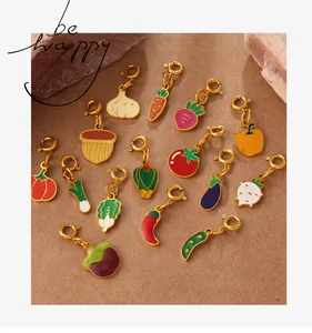 Detailed set of colorful enamel vegetable charms with golden metal hooks for DIY jewelry