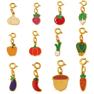 Set of 12 vegetable-shaped colorful enamel charms with gold spring clasps for jewelry