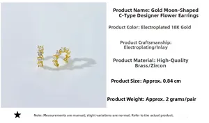Detailed view of gold C-shaped crescent ear clip with 18K gold plating and zircons