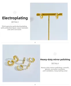 Detail of gold moon crescent ear cuff with square zircon and mirror-polished finish