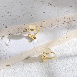Asymmetric Geometric Ear Clips For Non Pierced Ears Brass Cat Eye Stone Real Gold Plated Minimalist Fashion Jewelry Women