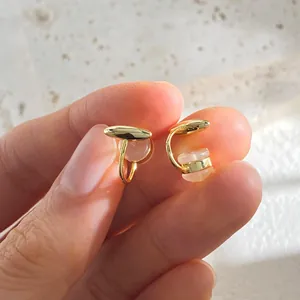 Minimalist gold cat eye stone asymmetrical clip-on earrings for women non-pierced