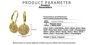Detailed size and material chart for mushroom-shaped brass and zircon stud earrings