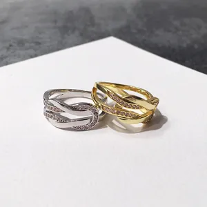 Fashion Copper Gold Silver Plated Double U Interlocking Knot Rings Cubic Zirconia Inlaid Cross Over Ring Women Jewelry
