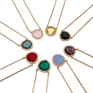 Colliers en cristal poire multicolores avec halo de diamants et chaîne en or rose fin