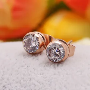 Titanium Steel Round Zirconia Stud Earrings 14k Rose Gold Plated Minimalist Single Diamond Earrings For Women Jewelry Gift