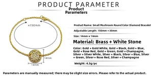 Détails du bracelet champignon en zircon coloré avec dimensions et informations sur le laiton