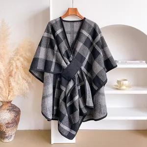 Plaid knitted poncho cape with vintage check pattern and waist belt for women