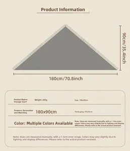 Detailed sizing chart for gray paisley triangular belt scarf showing 180x90cm dimensions