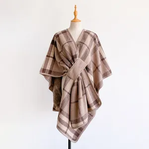 Elegant brown and beige plaid cashmere-like wrap shawl poncho with stylish cross strap belt