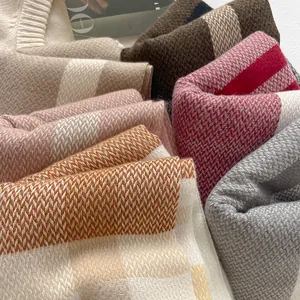 British wool blend plaid scarf in colorful patchwork knit and herringbone texture
