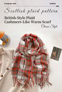 Detail of Scottish plaid cashmere scarf with soft fringe and stylish KK-HER label