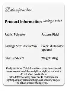 Detailed size chart for retro plaid winter scarf with fabric and weight specifications