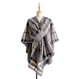 Classic plaid imitation cashmere shawl cape in grey and black, elegant autumn wrap
