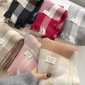 British style wool blend plaid winter scarf and shawl for women in multiple colors