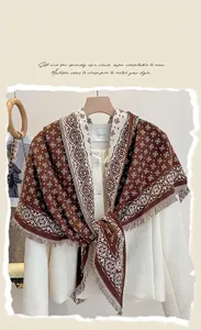 Macro detail of geometric rhombus jacquard pattern and soft tassels on cashmere-like scarf