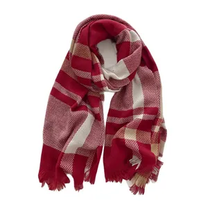 Classic British plaid wool blend scarf in red and cream with elegant tassel fringe