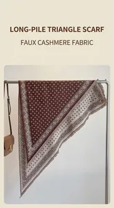 Detail of minimalist rhombus jacquard pattern and soft fringe on burgundy triangle scarf