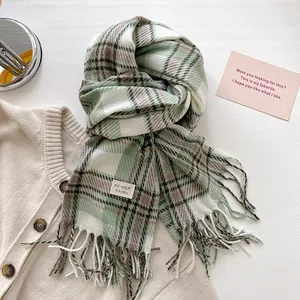 Detail of classic plaid scarf with fringe edge and green coffee check patterns