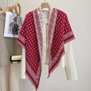 Vintage Women Faux Cashmere Triangle Scarf Minimalist Diamond Jacquard Tassel Warm Winter Shawl Wrap Bohemian Accessory
