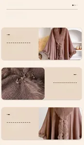 Detail of brown knit poncho featuring fluffy faux fur trim and elegant metal buckle closure