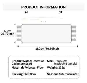 Tableau des tailles détaillé pour écharpe imitation cachemire avec dimensions 180x68cm