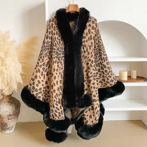 Chic leopard print shawl cape with luxury black faux fur collar and knit open front