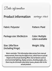 Detailed size and material specification sheet for the British plaid wool blend scarf