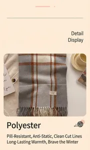 Detail display of a plaid polyester scarf with fine fringes and classic grid pattern