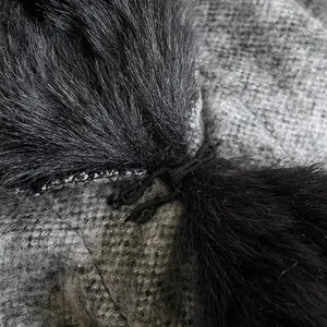 Winter paisley jacquard knit poncho with grey fabric and black faux fur trim detail