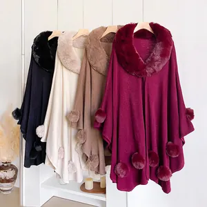 Women's Faux Rex Rabbit Fur Collar Knit Poncho Cloak Elegant Solid Color Loose Cardigan With Pom-poms Winter Warm Shawl Wrap