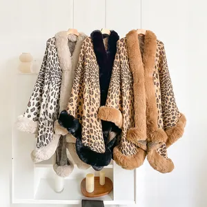 Women Leopard Print Faux Fur Collar Shawl Poncho Jacquard Knitted Cape Cardigan Irregular Warm Winter Wrap Outerwear