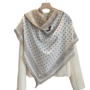 Minimalist geometric diamond jacquard triangle scarf with fringe in beige and coffee