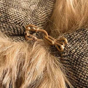 Faux rabbit fur collar leopard poncho with braided clasp closure for women
