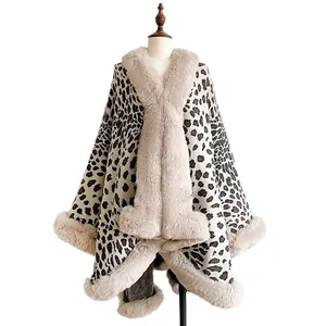 Leopard print faux rabbit fur poncho cape with elegant faux fur collar and trim