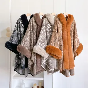 Women Vintage Paisley Jacquard Shawl Poncho With Faux Fur Collar Warm Winter Fringed Cape Wrap For Women Cozy Overcoat