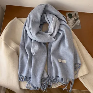 Detail of Morandi blue wool scarf showing soft texture and fine fringe tassels