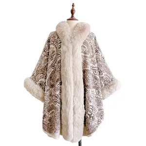 Winter paisley jacquard knit poncho with faux fur trim for women in beige and brown