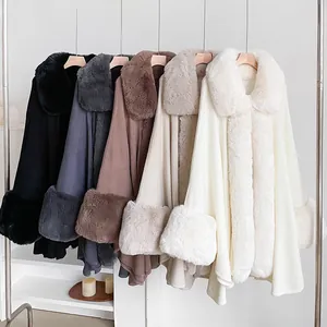 Luxury Women Faux Fur Trim Cape Coat Autumn Winter Warm Oversized Shawl Cloak Jacket Elegant Plush Collar Wrap Polyester