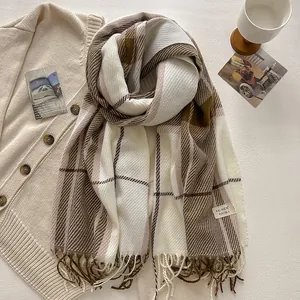 British style wool blend plaid scarf with fringe in cream and brown autumn tones